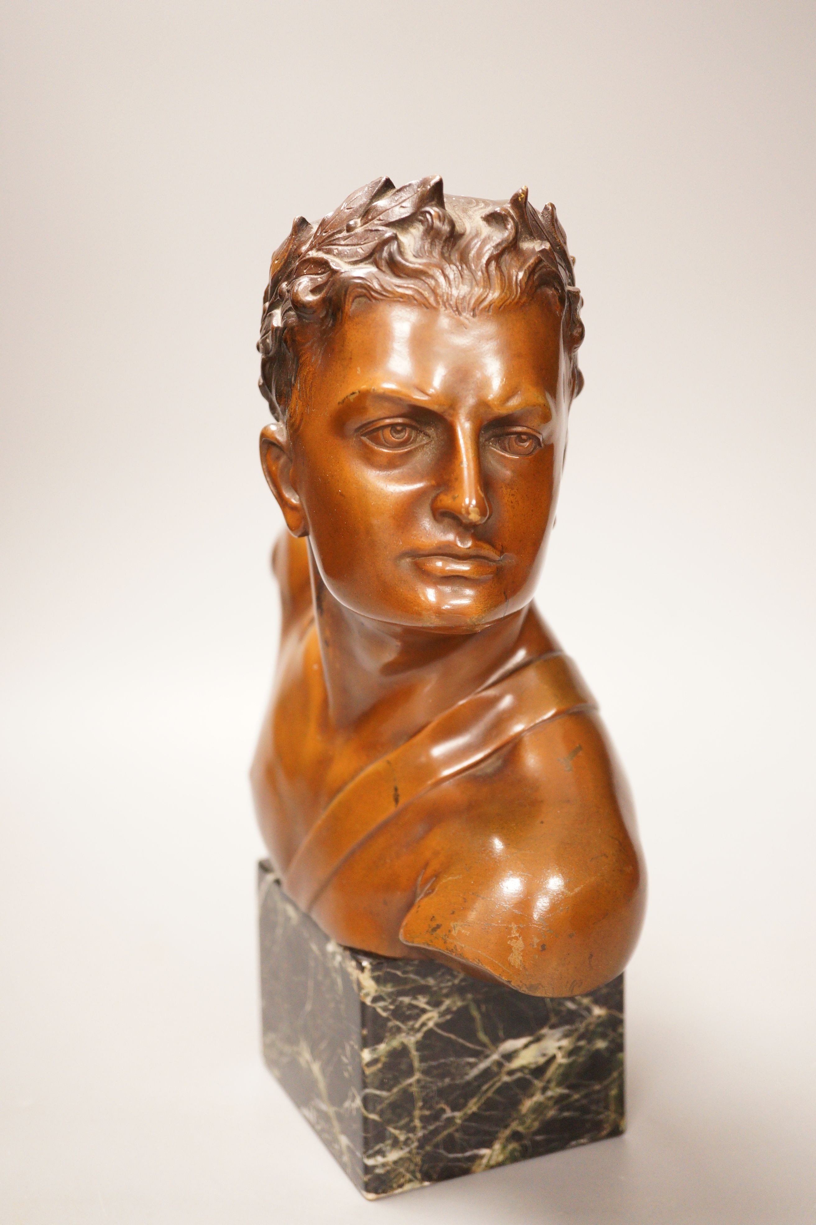 Professor Otto Poertzel (1876-1963) - a bronze bust of an Ancient Greek athlete, on marble base, 26cm